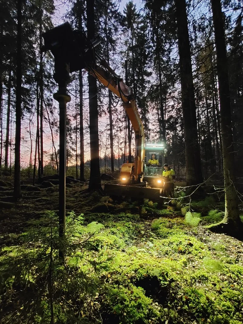 Schraubpfahl-Installation im Wald mit Bagger