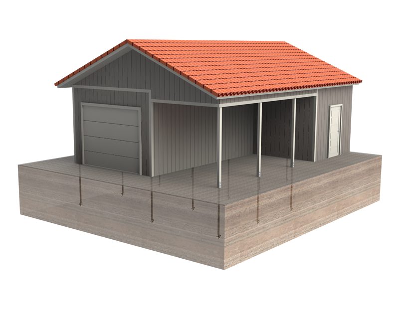 Schraubpfahlgr&uuml;ndung - 3D-Darstellung einer Garage auf Gr&uuml;ndungspf&auml;hlen